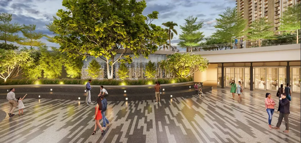 Whiteland The Aspen central plaza and landscape lit at night, artist's impression