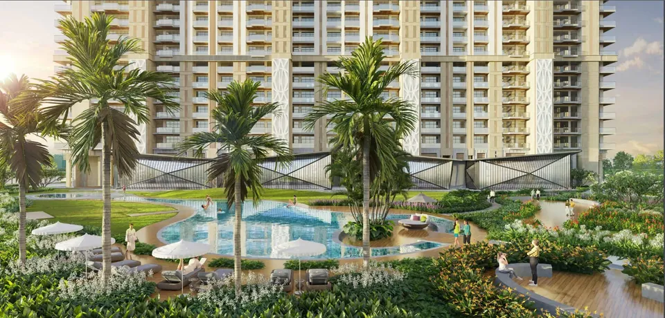 Whiteland The Aspen pool deck and palm-lined greens between towers, artist's impression