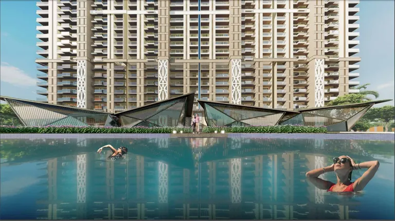 Whiteland The Aspen pool with pavilion canopy and towers behind, artist's impression
