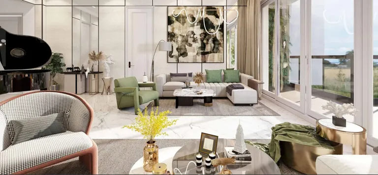 Whiteland The Aspen sample living lounge with full-height glazing, artist's impression