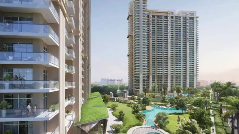 Whiteland The Aspen towers and pool seen from a residence balcony, artist's impression