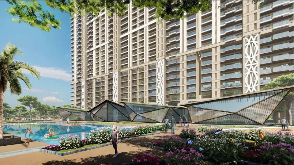 Whiteland The Aspen swimming pool beside the sunken clubhouse canopy, artist's impression