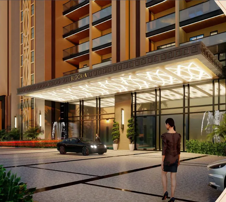 Whiteland The Aspen tower drop-off porch at the Block A entrance, artist's impression