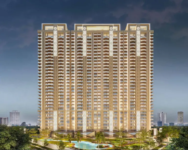 Whiteland The Aspen tower elevation at dusk with podium gardens, artist's impression