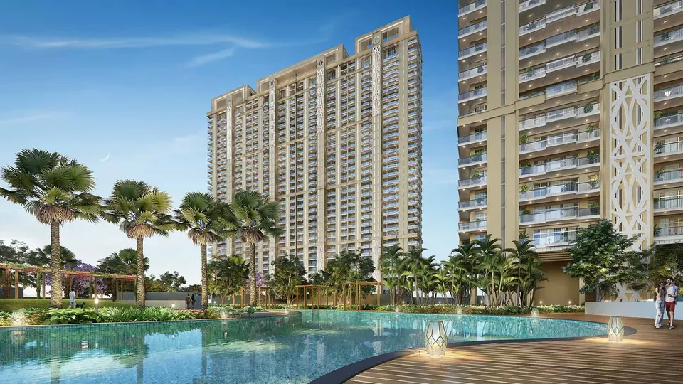 Whiteland The Aspen towers rising behind the landscaped pool, artist's impression