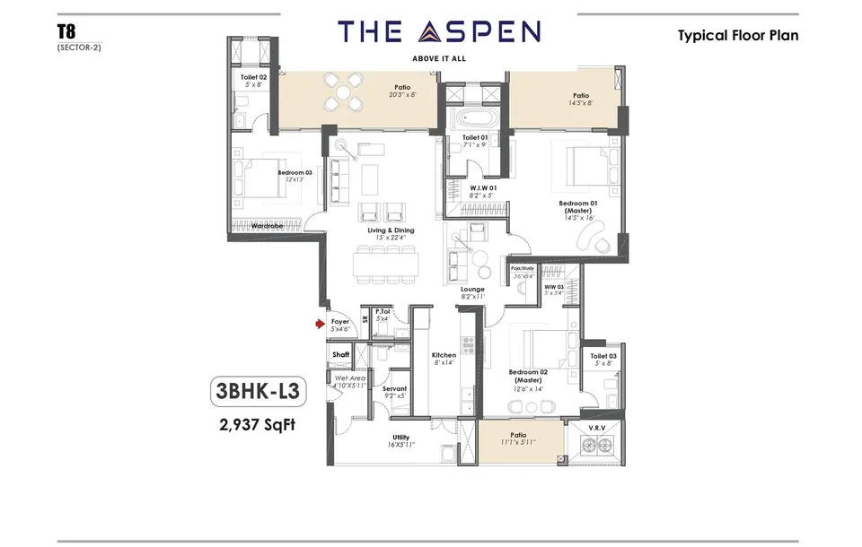 Whiteland The Aspen 3 BHK-L3 typical floor plan, 2,937 sq ft