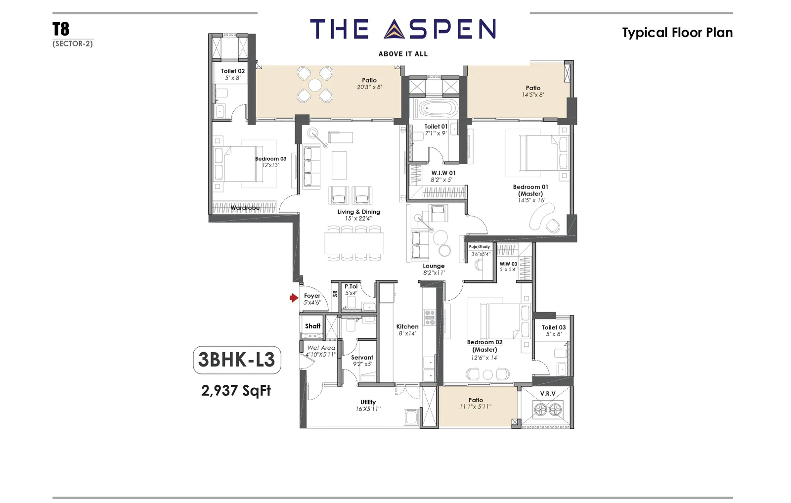 Whiteland The Aspen 3 BHK-L3 typical floor plan, 2,937 sq ft