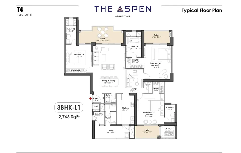 Whiteland The Aspen 3 BHK-L1 (Tower 4) typical floor plan, 2,766 sq ft