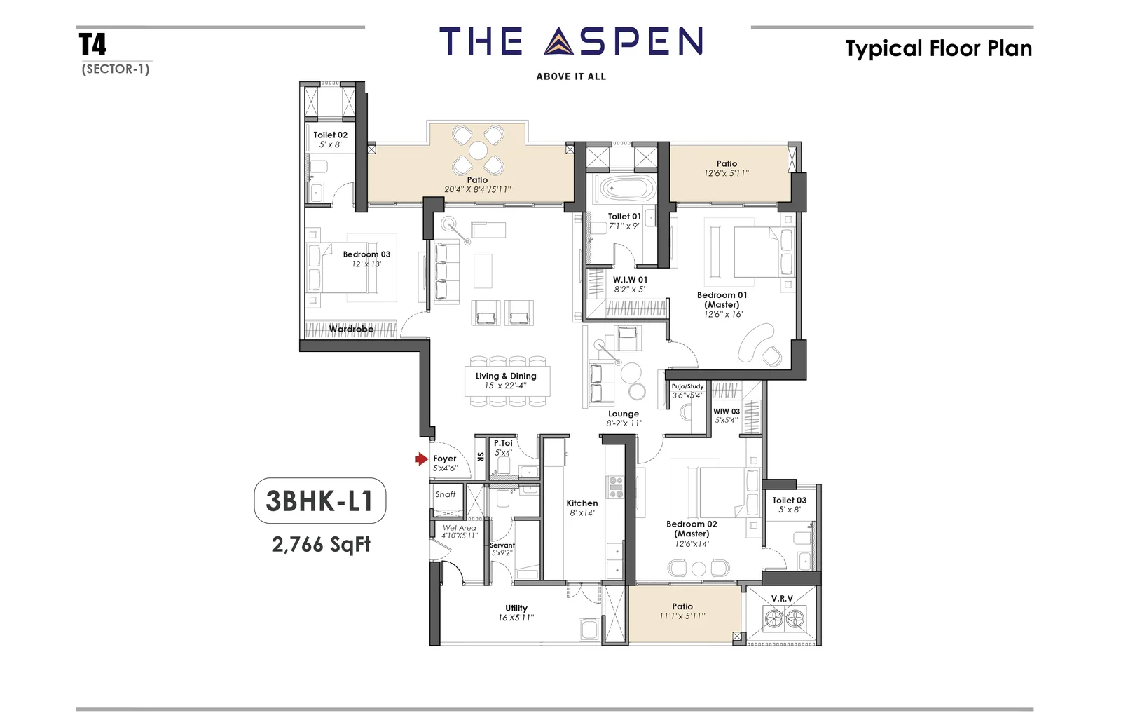Whiteland The Aspen 3 BHK-L1 (Tower 4) typical floor plan, 2,766 sq ft
