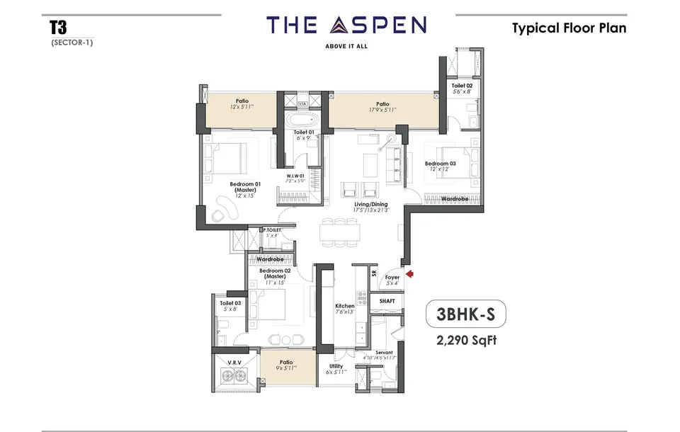 Whiteland The Aspen 3 BHK-S (Tower 3) typical floor plan, 2,290 sq ft