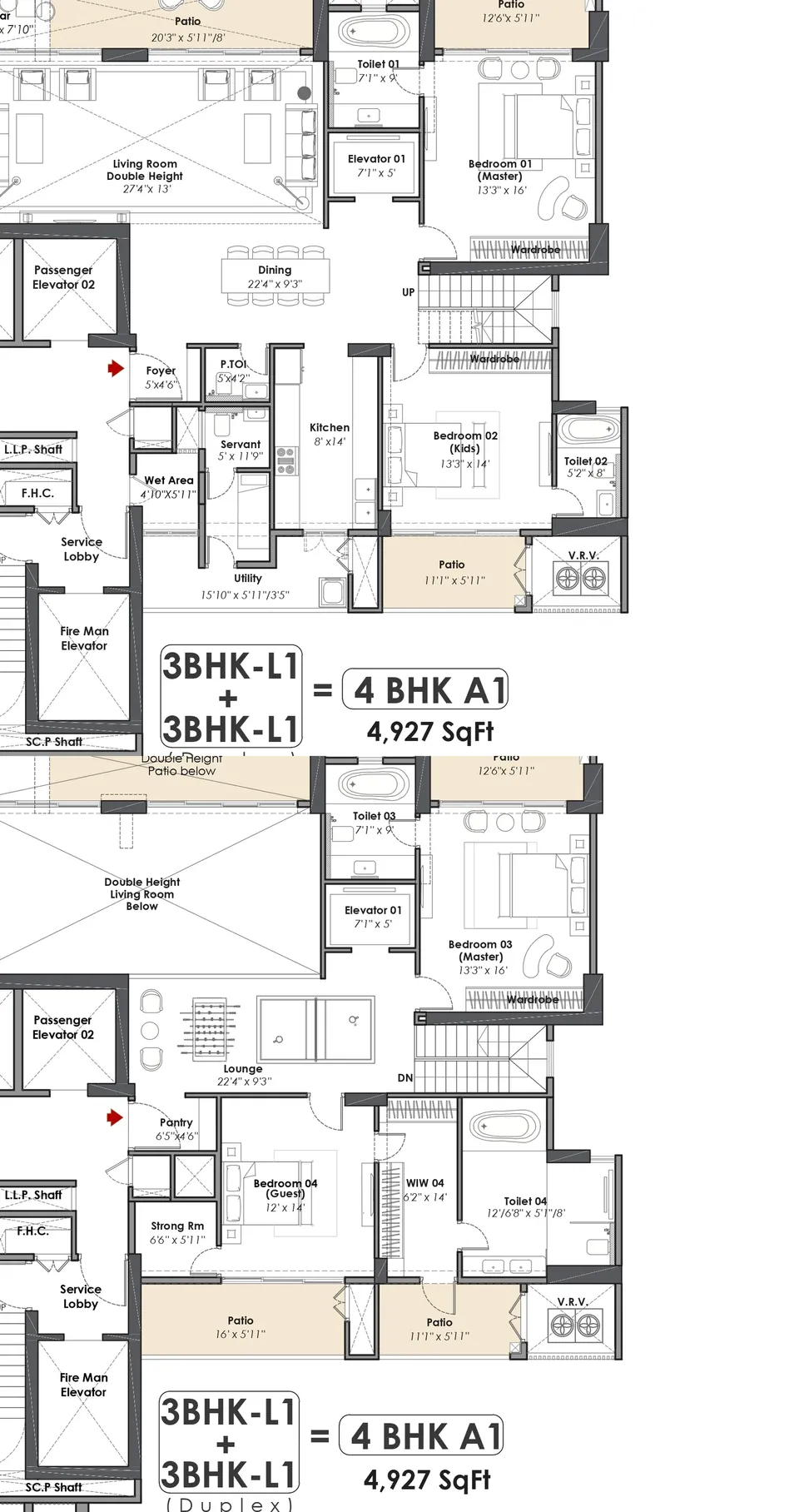 Whiteland The Aspen 4 BHK A1 duplex penthouse, lower and upper levels, 4,927 sq ft