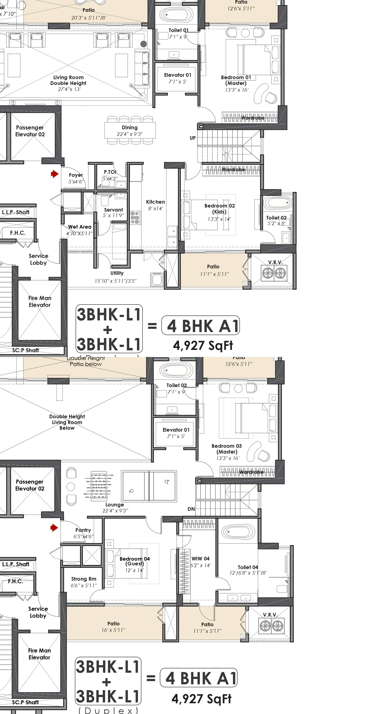 Whiteland The Aspen 4 BHK A1 duplex penthouse, lower and upper levels, 4,927 sq ft