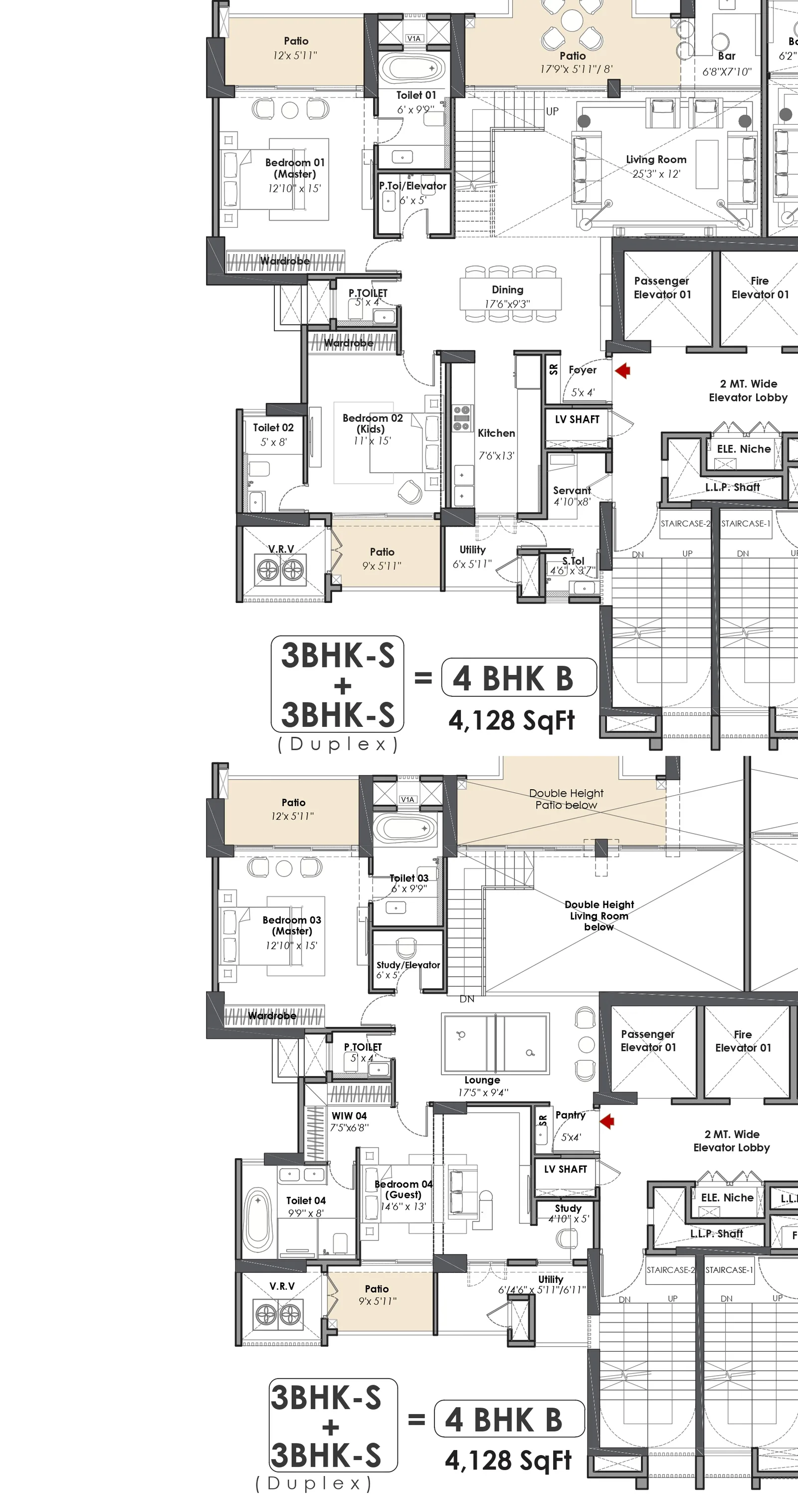 Whiteland The Aspen 4 BHK B duplex penthouse, lower and upper levels, 4,128 sq ft
