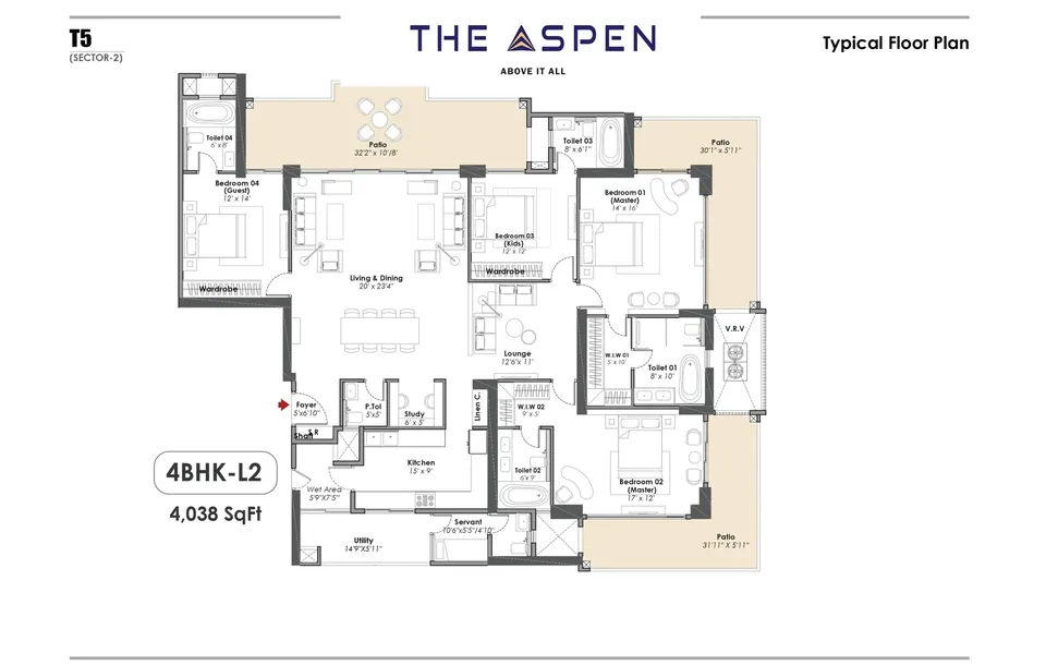 Whiteland The Aspen 4 BHK-L2 (Tower 5) typical floor plan, 4,038 sq ft