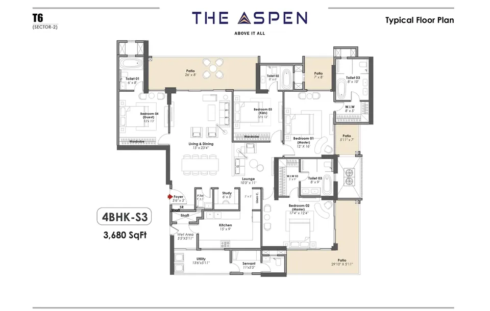 Whiteland The Aspen 4 BHK-S3 (Tower 6) typical floor plan, 3,680 sq ft