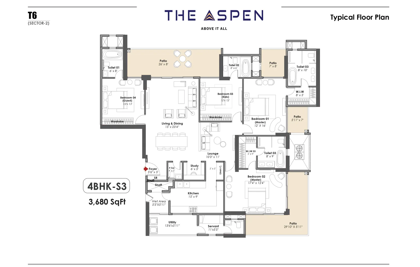 Whiteland The Aspen 4 BHK-S3 (Tower 6) typical floor plan, 3,680 sq ft
