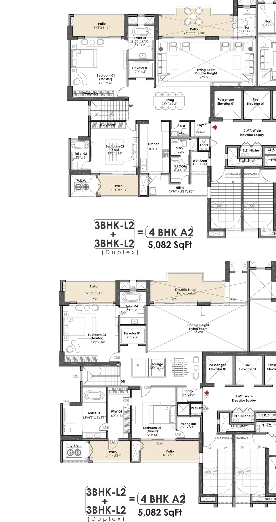 Whiteland The Aspen 4 BHK A2 duplex penthouse, lower and upper levels, 5,082 sq ft