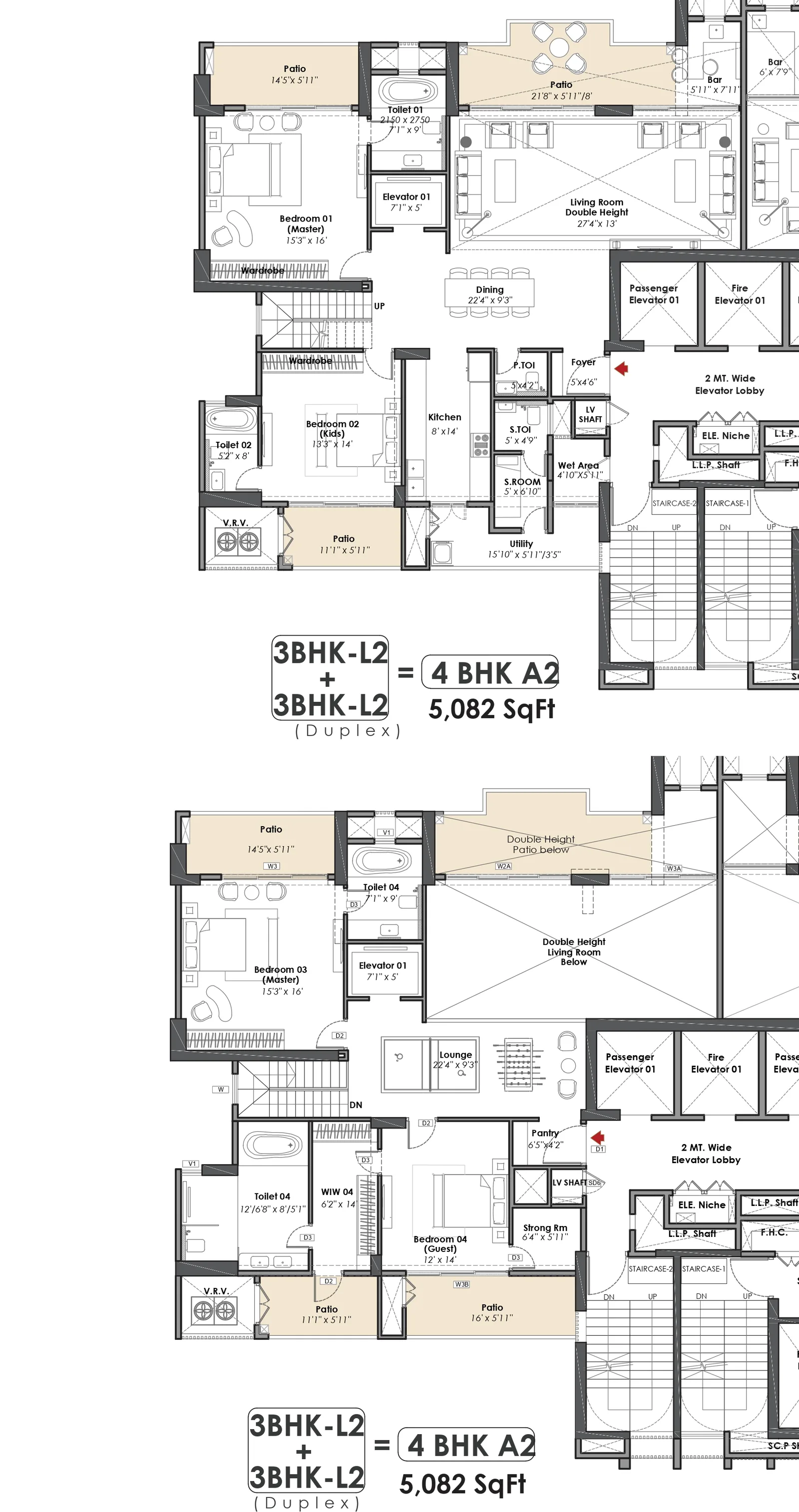 Whiteland The Aspen 4 BHK A2 duplex penthouse, lower and upper levels, 5,082 sq ft