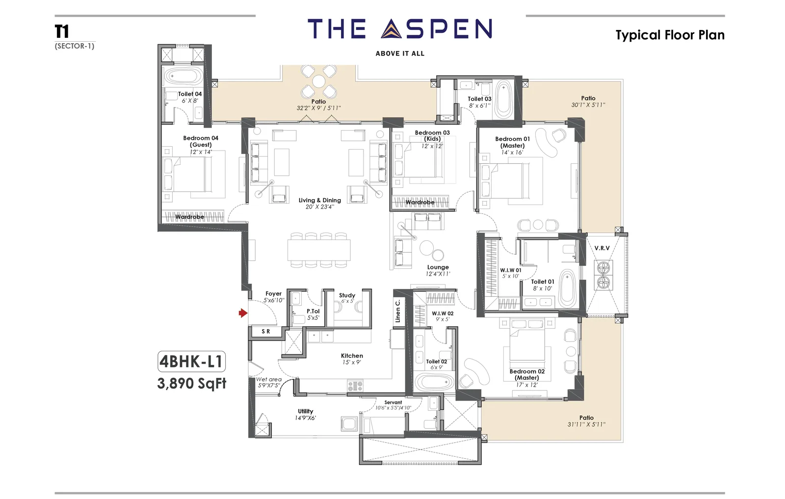 Whiteland The Aspen 4 BHK-L1 (Tower 1) typical floor plan, 3,890 sq ft