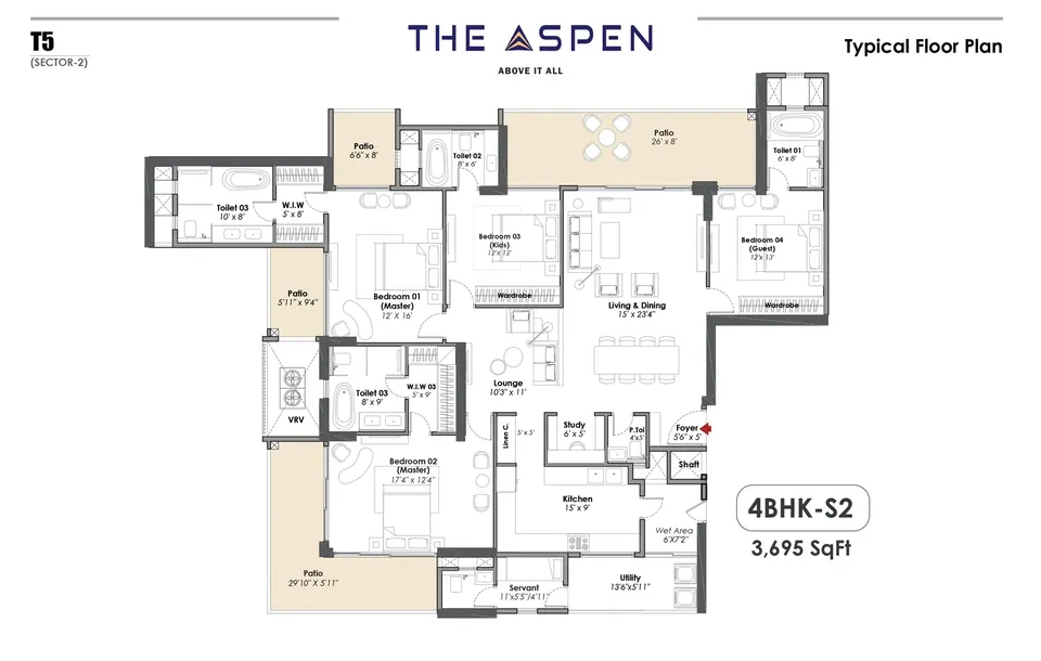 Whiteland The Aspen 4 BHK-S2 (Tower 5) typical floor plan, 3,695 sq ft