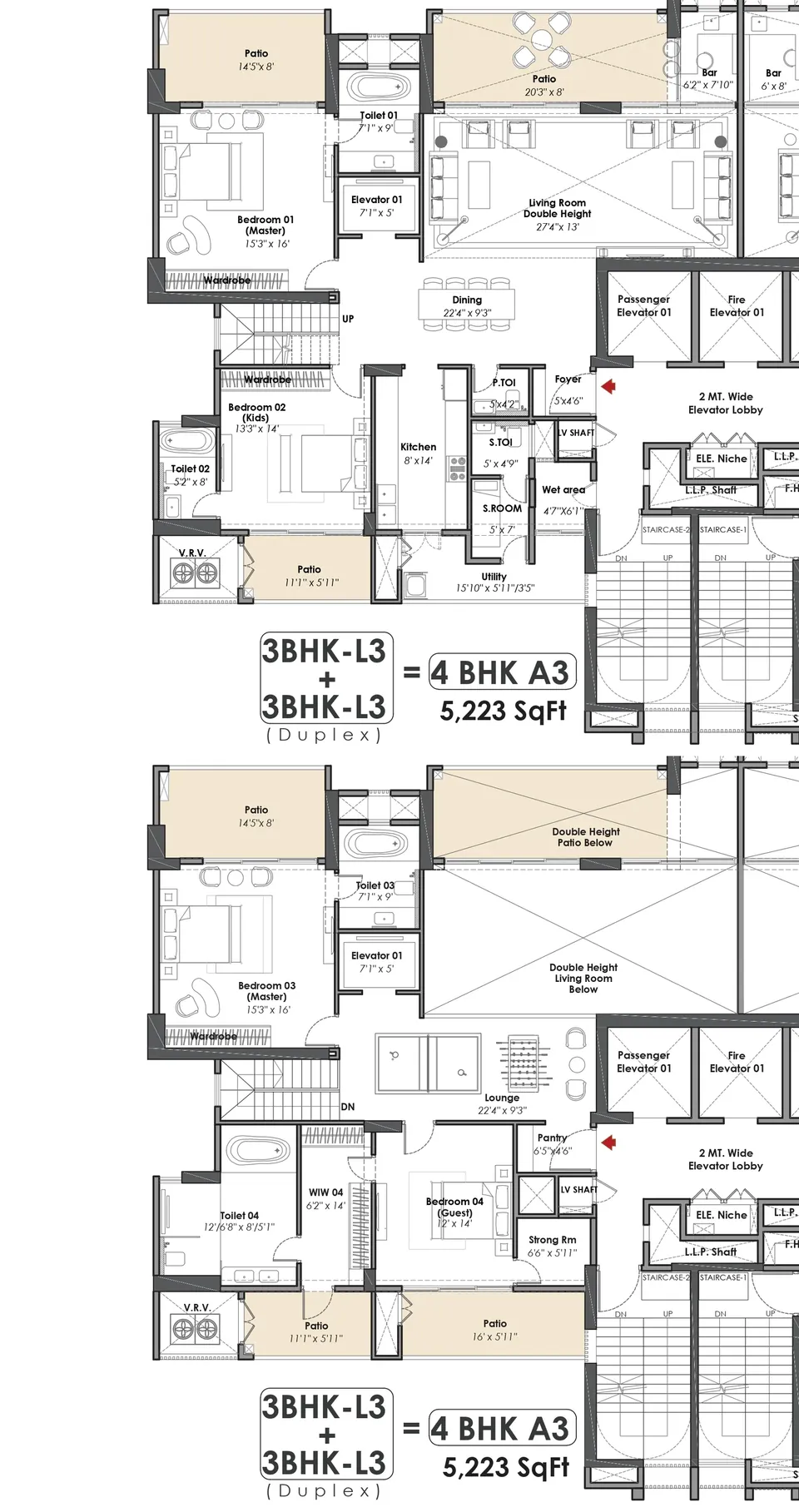 Whiteland The Aspen 4 BHK A3 duplex penthouse, lower and upper levels, 5,223 sq ft