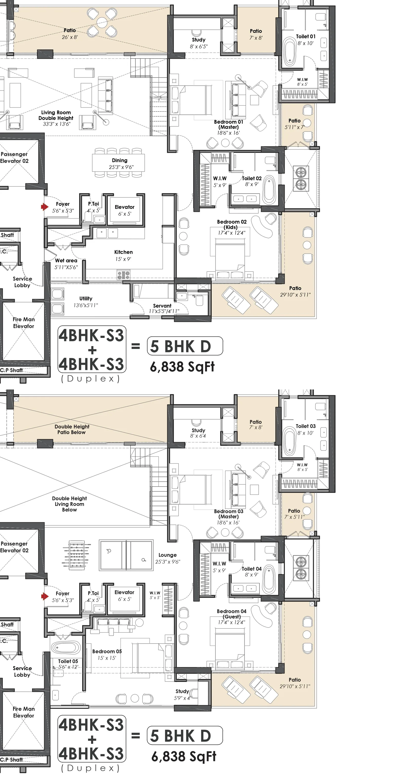Whiteland The Aspen 5 BHK D duplex penthouse, lower and upper levels, 6,838 sq ft