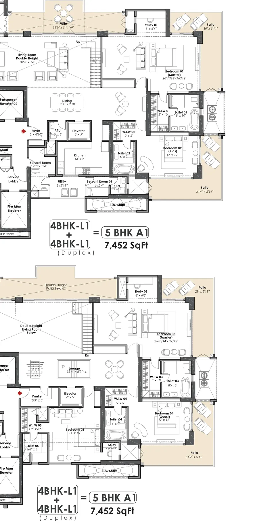 Whiteland The Aspen 5 BHK A1 duplex penthouse, lower and upper levels, 7,452 sq ft