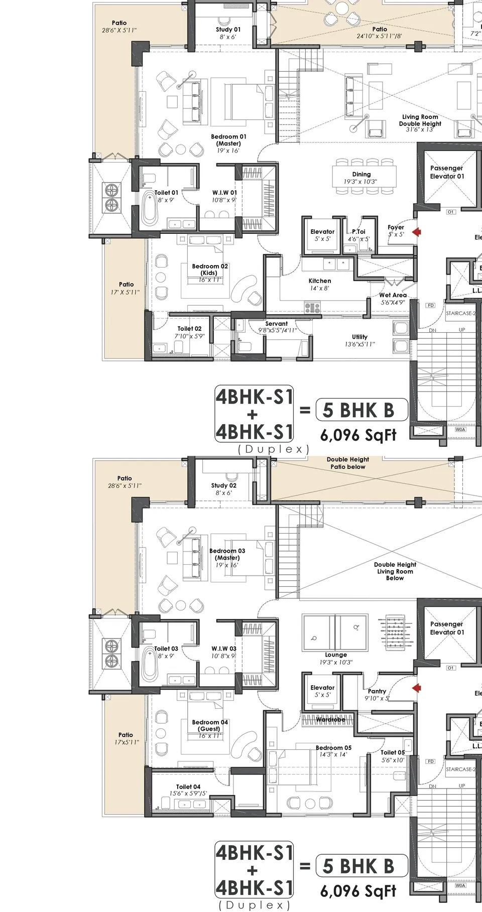 Whiteland The Aspen 5 BHK B duplex penthouse, lower and upper levels, 6,096 sq ft