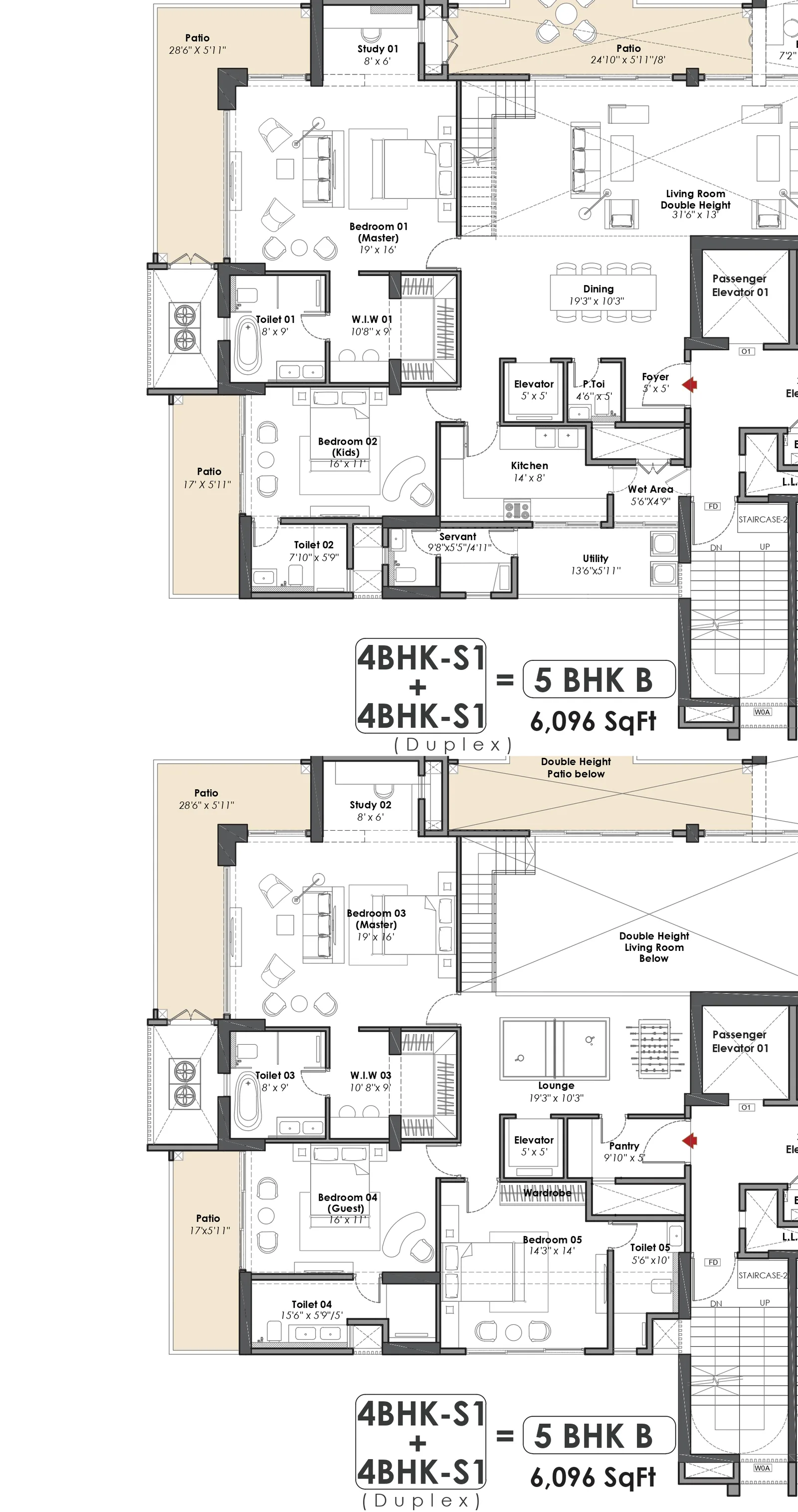 Whiteland The Aspen 5 BHK B duplex penthouse, lower and upper levels, 6,096 sq ft