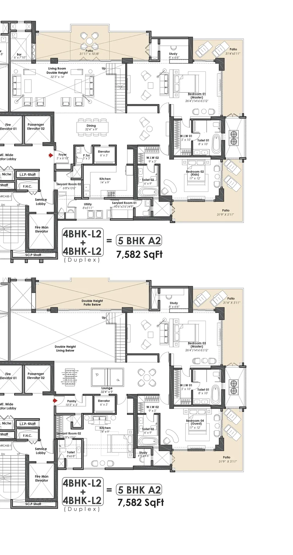 Whiteland The Aspen 5 BHK A2 duplex penthouse, lower and upper levels, 7,582 sq ft