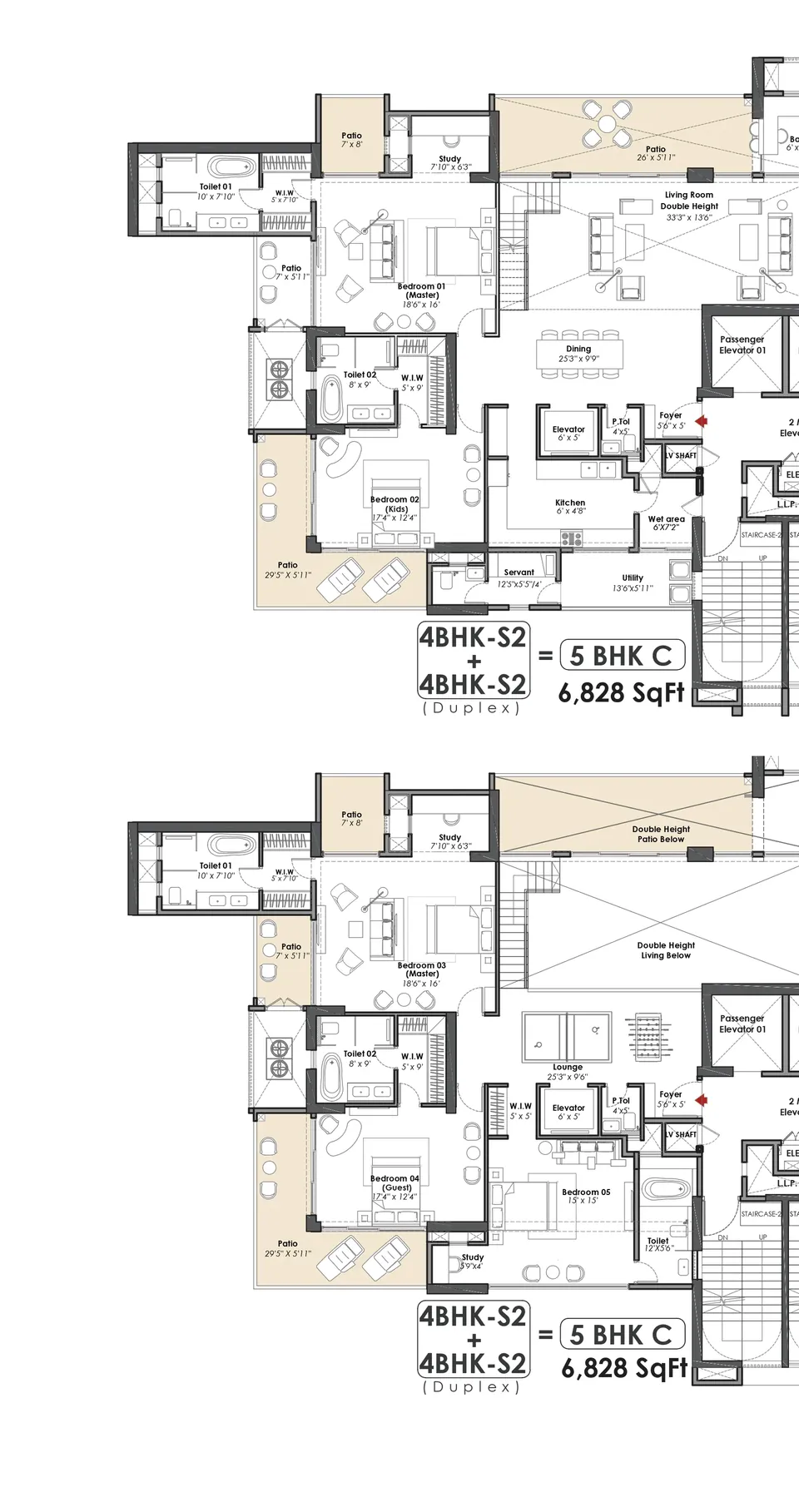 Whiteland The Aspen 5 BHK C duplex penthouse, lower and upper levels, 6,828 sq ft