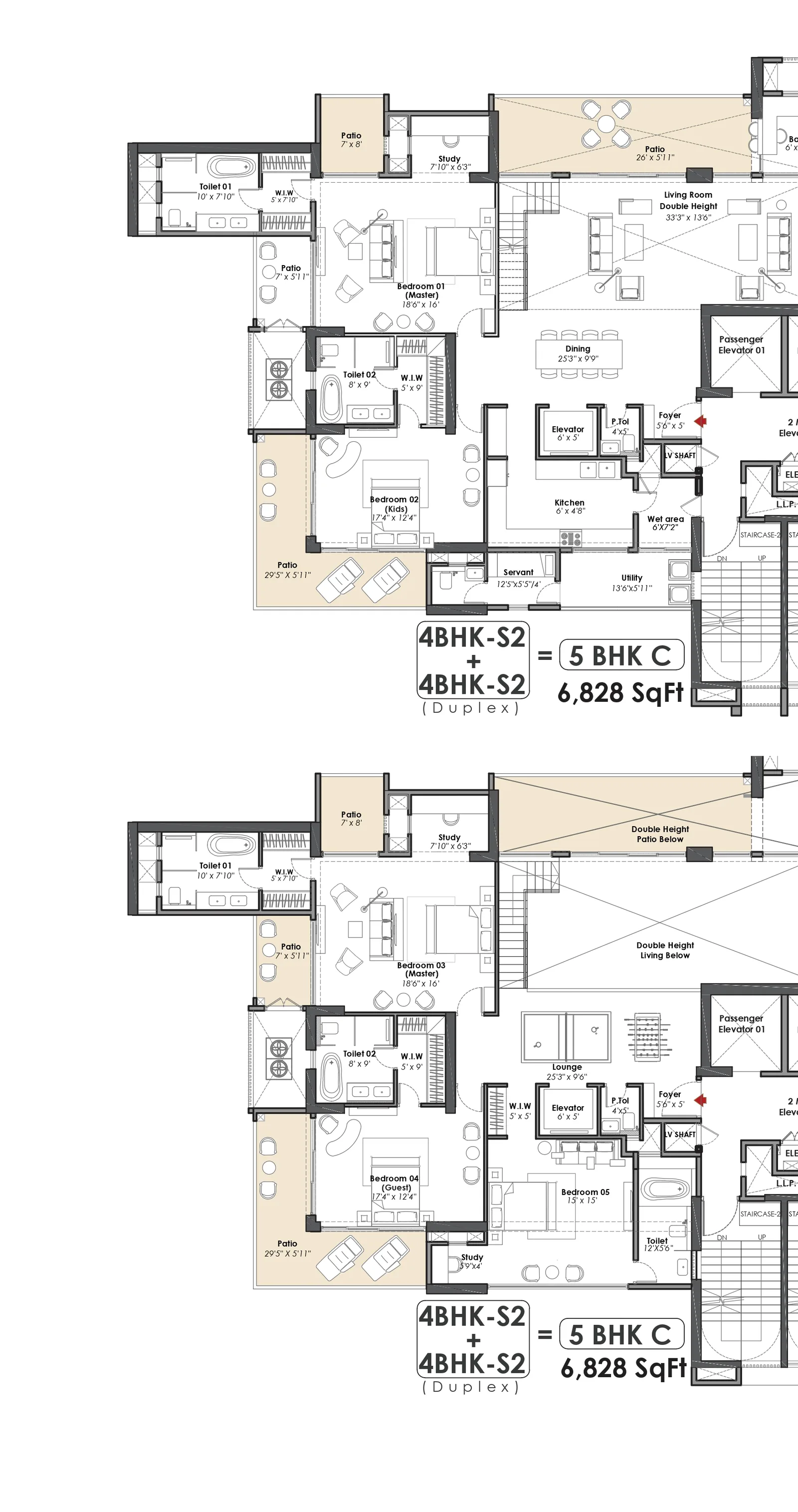 Whiteland The Aspen 5 BHK C duplex penthouse, lower and upper levels, 6,828 sq ft