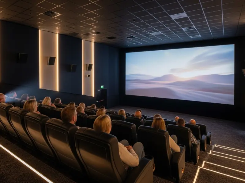 Modern multiplex cinema hall interior with audience seating and large active screen, premium commercial entertainment space for lease in shopping mall