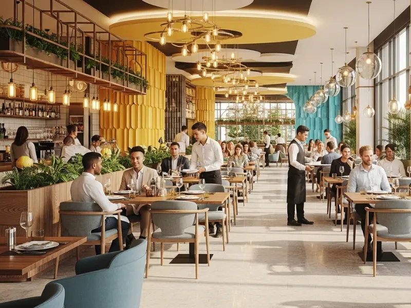 Bright modern restaurant interior with guests dining and vibrant décor, premium commercial retail space for lease in shopping mall