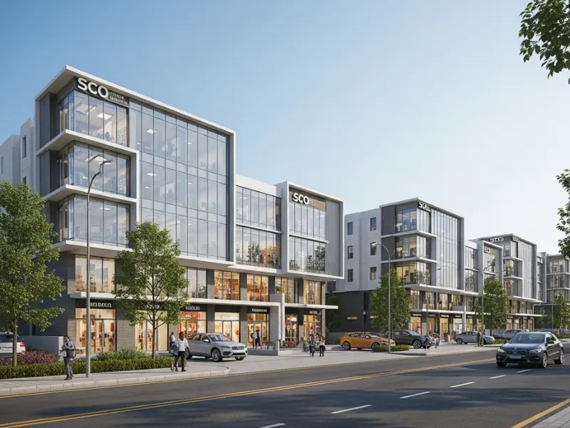 Modern SCO plot with shop-cum-office building frontage on wide road, premium commercial property for sale in prime business location